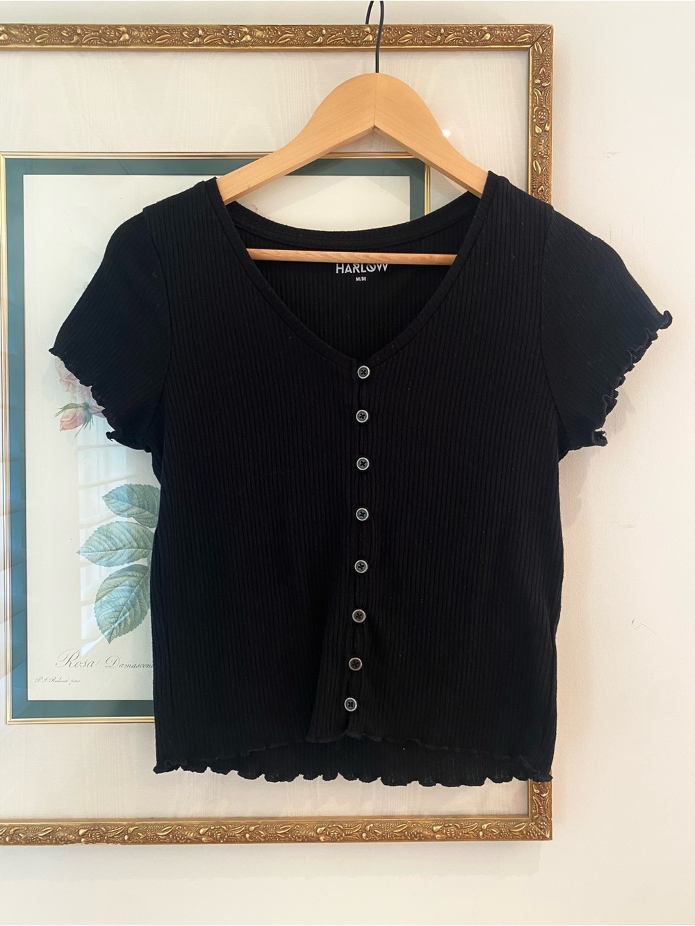 Harlow Black Ribbed Button-Front V-Neck Tee
